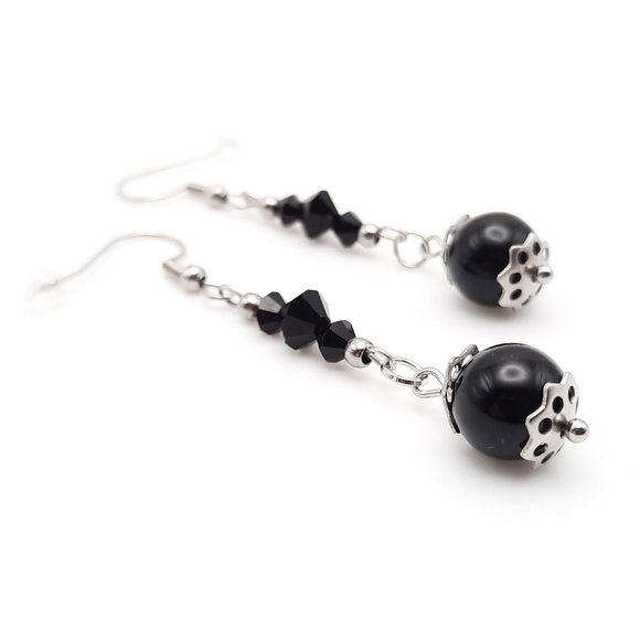 Black Jasper Chakra Healing Gemstone Dangle Drop Earrings Handmade Jewelry - Picture 2 of 7
